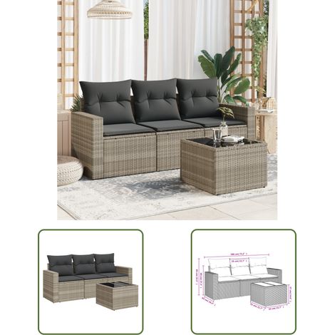 The Living Store 4-tlg. Garten-Sofagarnitur mit Kissen Hellgrau Poly Rattan - Gartensorte - Gartenmöbelset - PE-Rattan Möbel - Outdoor Sofa - Lounge Set (1/3)