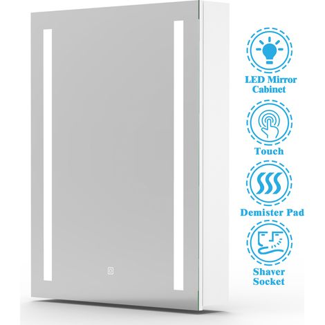 SKY Bathroom Bathroom Mirror Cabinet LED Illuminated 50x70cm with Demister Pad, Touch Sensor, Shaver Socket (1/5)