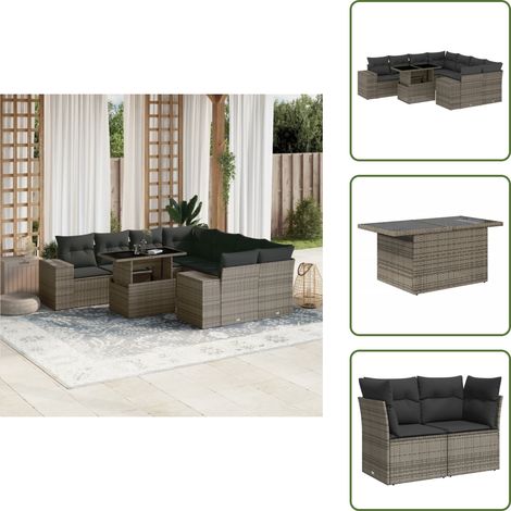 The Living Store 9-tlg. Garten-Sofagarnitur mit Kissen Grau Poly Rattan - Gartenmöbel Set - PE-Rattan Möbel - Outdoor Lounge - Gartenecke - Sofasatz (1/5)