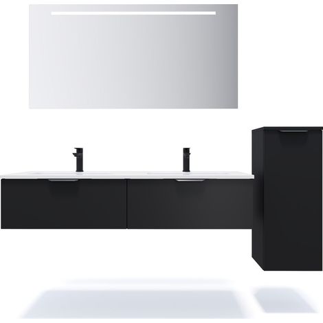 Meuble de salle de bain suspendu double vasque intégrée 140cm 2 tiroirs Noir + miroir + colonne ouverture droite - Soho (1/5)