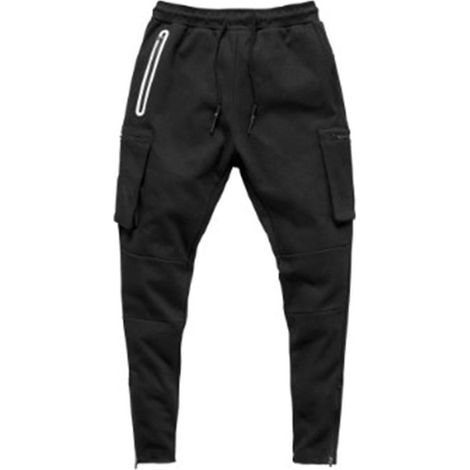 Pantalon cargo de sport européen/américain pour homme, camouflage, idéal pour le fitness, la course et l'entraînement. Fermeture éclair tendance. Taille XL, noir. (1/5)