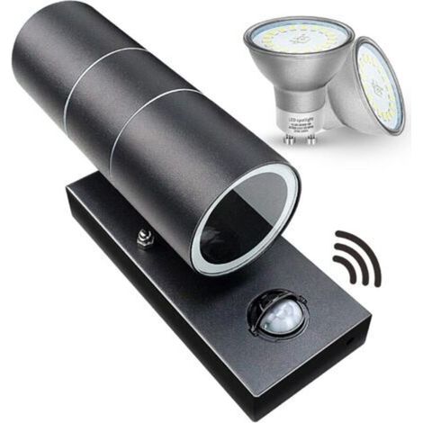 Appliques murales extérieures, applique avec détecteur de mouvement PIR, éclairage de sécurité vers le haut et vers le bas, IP44, noir mat, 240 V, incluant 2 ampoules LED blanc chaud de 5 W