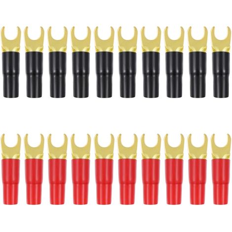 Lot de10 Paires Cuivre Or Plaqué Cosse Fourche Adaptateurs Haut- Parleur À Sertir Barrière Pique Connecteurs Bouchons (Rouge Et Noir) (1/5)