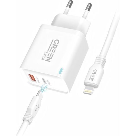 Carregador Rápido PD 25W com Cabo USB-C para Lightning, Portas USB-C+A, Branco (1/2)