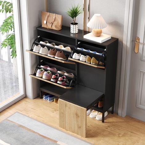 Schuhschrank mit Sitzbank, 3 Klappen, offenes Fach, Schwarz und Holz HAVRYA (1/5)