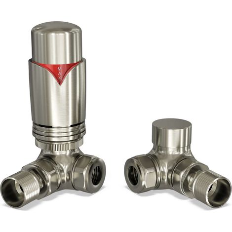Derry Bold - Silver Nickel Thermostatic Radiator Valve & Lockshield Corner 15mm