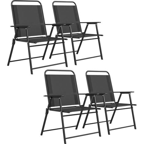 Set aus 4 klappbaren Gartenstühlen mit Armlehnen, breite Outdoor-Sitzflächen aus schwarzem Stoff