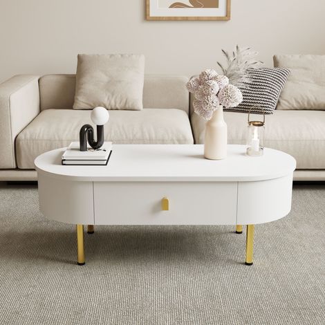 Table basse moderne - 2 tiroirs avec poignées et pieds dorés - MDF - Blanc