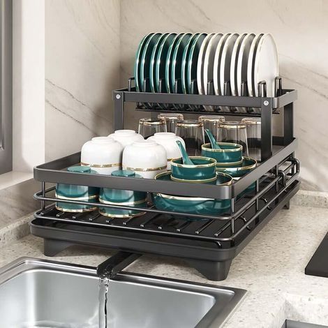 Égouttoir à Vaisselle Cuisine en Acier Carbone Épais – Résistant 30kg, Antirouille, Égouttage 360°