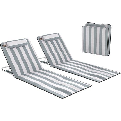 Lot de 2 tapis de plage blanc et gris avec dossier inclinable, appui-tête et sac de transport, 134 x 48 x 33-43 cm (1/5)