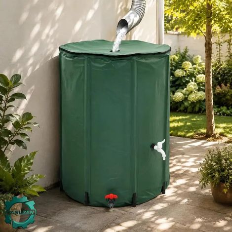 Manuzen - Récupérateur d’eau de pluie pliable 750 L – filtre et robinet – Vert (1/4)