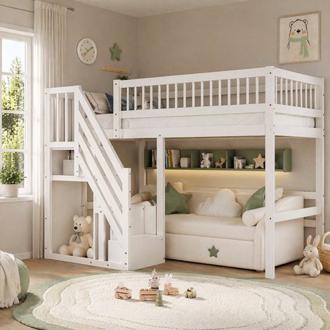 Lit mezzanine 90x200cm,lit mezzanine enfant avec escalier de rangement,penderie intégrée,barrière de lit antichute,lit en bois massif,blanc