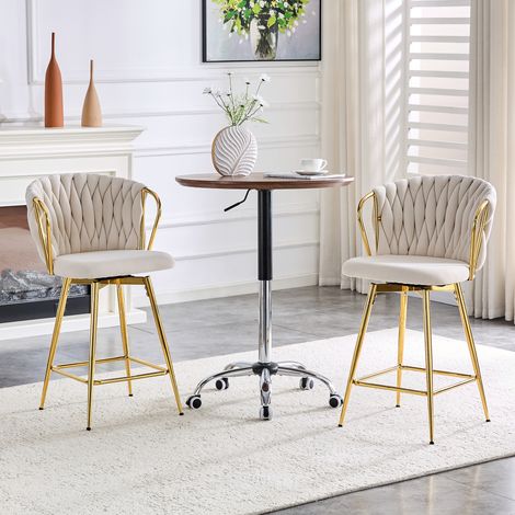 Lot de 2 tabourets de bar 51,8x41x91 cm, chaises hautes, pivotants 360°, accoudoirs, pieds dorés, velours et métal - Blanc crème et doré (1/5)