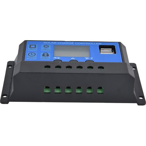 Régulateur de charge solaire 30A 12V/24V avec écran LCD, double port USB, contrôleur intelligent à affichage numérique pour système photovoltaïque, protection intégrée, adapté camping-car et batterie. (1/5)