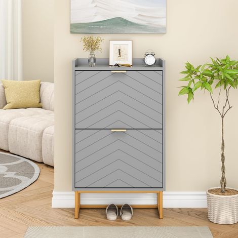UEV Scarpiera, con 2 Ribalte, Scarpiera Stretta, Montaggio a Soffitto con Recinzione, Ripiano Regolabile in 2 Posizioni, per Corridoio, Soggiorno, 50 x 24 x 91 cm, Grigio