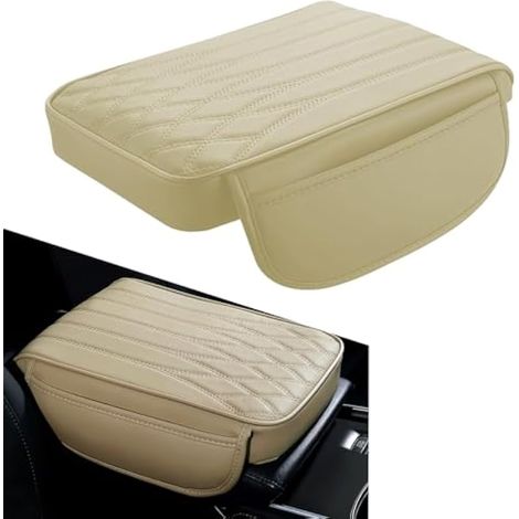 Fogfar 1 housse d'accoudoir décorative de voiture en cuir, 32 x 22 x 5 cm, coussin d'accoudoir avec poche, universel pour la plupart des voitures, camions, SUV (beige) (1/5)