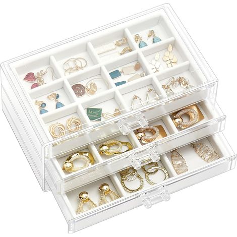 Boîte à Bijoux Acrylique Blanche Transparente, 3 Plateaux Tiroirs avec Séparateurs Amovibles (1/5)