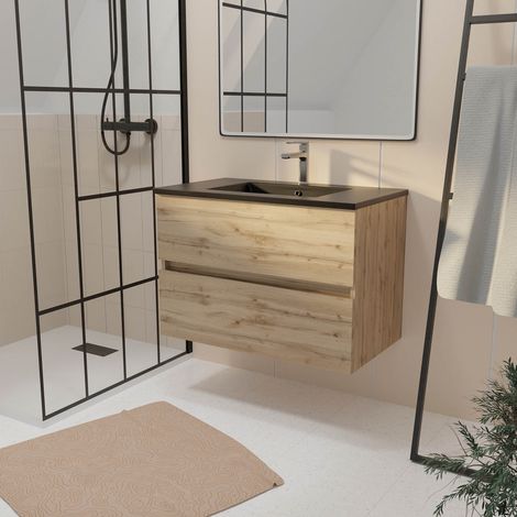 Mueble de baño 80 cm 2 Cajones Roble Natural + Lavabo de Cerámica Negra - TIMBER