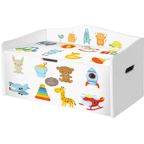 Baule portagiochi in legno per bambini con stampa organizer L68xP28xH40 cm PELOUCHES