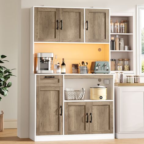 Meuble de cuisine, armoire haute avec LED et prises, garde-manger 6 portes et 1 tiroir, vitrine salon salle à manger, 110 x 40 x 180 cm (1/5)
