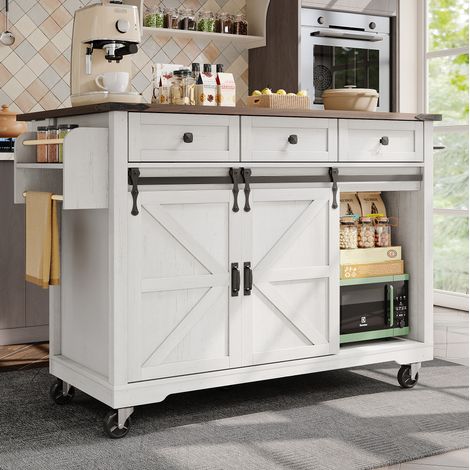 Carrito de cocina 140x73x94 cm con 2 puertas correderas, bandeja de mesa plegable, 3 cajones, toallero, especiero, blanco (1/5)