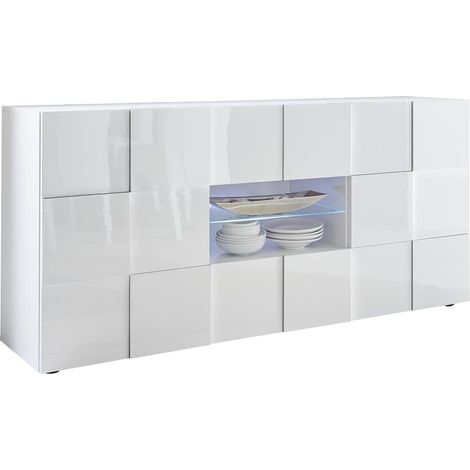 REBECCA - Buffet 2 Portes 2 Tiroirs Finition Blanc Laqué Weiss Relief Damiers et Leds (1/3)