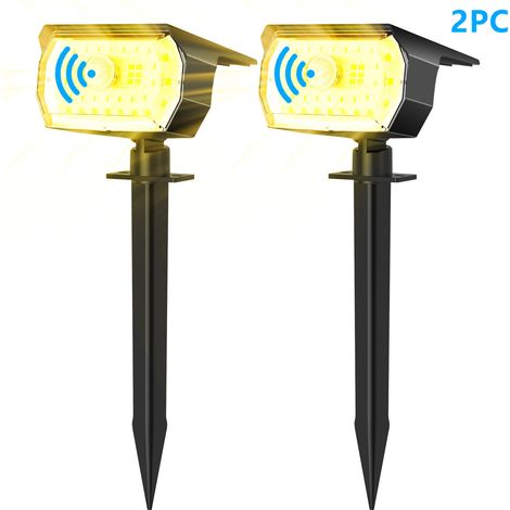 Lot de 2 Spots Solaires Extérieurs à Piquer 43 LED, Lampe Solaire Jardin Lumière Chaude avec Détecteur de Mouvement, Télécommande et Capteur Crépusculaire, IP65 Étanche, Éclairage Paysager pour Pelous (1/4)