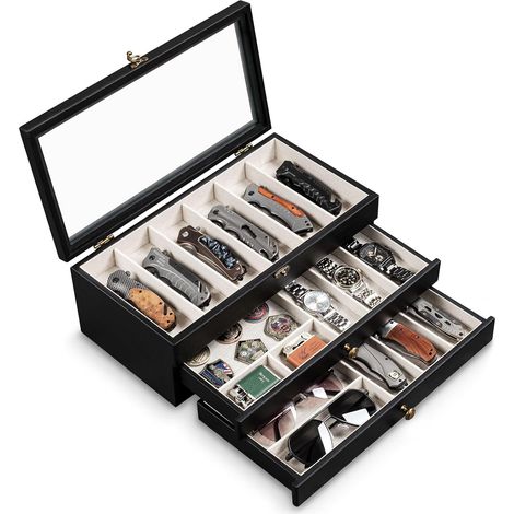 3 Étages Coffret Poignard, Bois Boîte Présentoir à Couteaux avec Tiroir et Couvercle Transparent, Support à Couteaux pour Exposer et Ranger les Couverts, pour Collection, Cadeau (Noir)