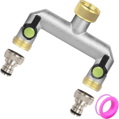Robinet Jardin Double Sortie, Raccord 2 Voies Alliage Zinc pour Tuyau Arrosage, avec Vanne Réglable, 1x Ruban Adhésif Brut Adaptateur Robinet Double Usage Intérieur/Extérieur (1/5)
