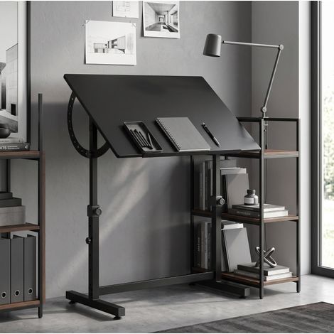 Mesa de dibujo 90x60 cm con altura regulable 70-90 cm y tablero inclinable, estructura de madera y metal negro (1/5)