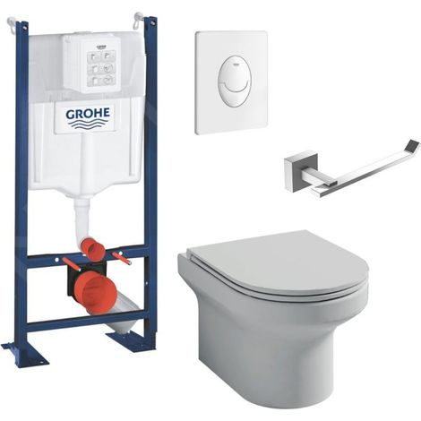 Pack inodoro suspendido Jacob Delafon sin brida Elite, asiento extraplano + estructura soporte Grohe RapidSL + placa blanca + portarrollos cuadrado