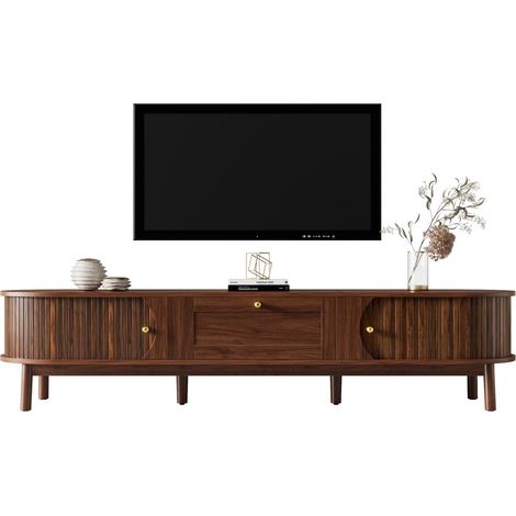 Meuble tv bois massif tiroirs coins arrondis pieds en bois robustes rangement intégré meuble de salon (1/5)