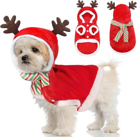 (M) Deguisement de Noël pour Chien Chat, Costume de Noel avec Écharpe Accessoire Tenue pour Animal de Compagnie, Rouge Vêtements Cadeau Décoration