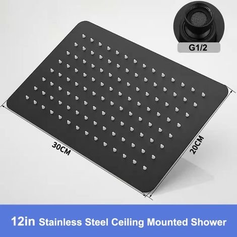 (Plafond SUS Noir) Nouveau pommeau de douche de tête haute pression de 30 cm, grand format, effet pluie, avec amplificateur de débit et rotation à 360° pour une économie d'eau optimale. (1/5)