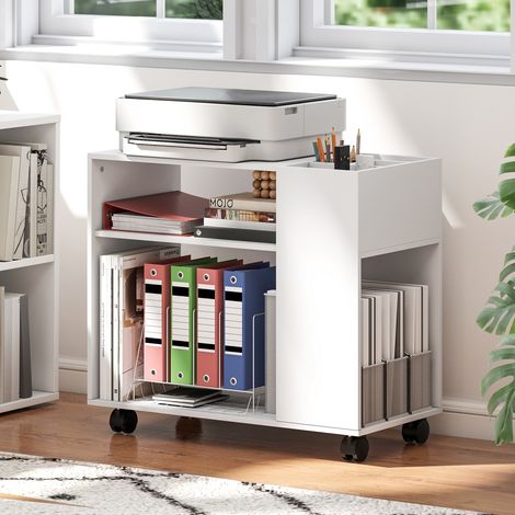 Support Imprimante avec Compartiment de Rangement, Tablette pour Bureau, Étagère aux Dimensions 70 x 34 x 60 cm, Couleur Blanche (1/5)