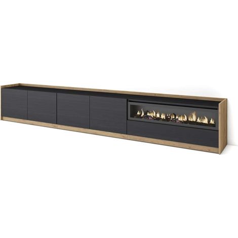 Mueble TV Estepona-02 de 310x50x37 cm con chimenea y luces LED, color negro y roble (1/4)
