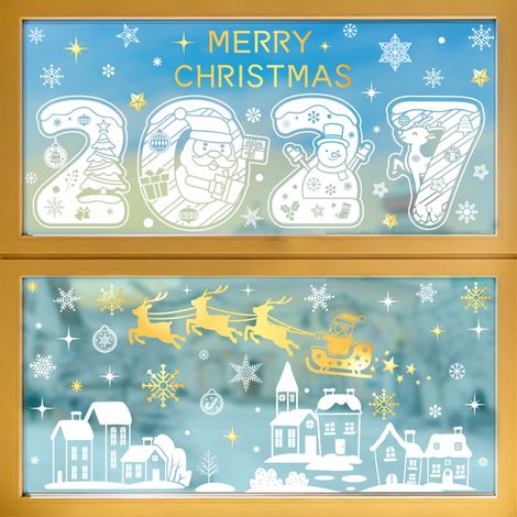 Autocollants de maison et de village enneigés pour Noël, autocollants de flocons de neige blancs pour fenêtres, autocollants statiques de traîneau de rennes dorés, décorations de fenêtre 2027.