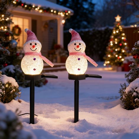 Lot de 2 lumières solaires de Noël en forme de bonhomme de neige avec piquet, Lampes de Noël d'extérieur étanches pour allées, Décorations de Noël (1/5)
