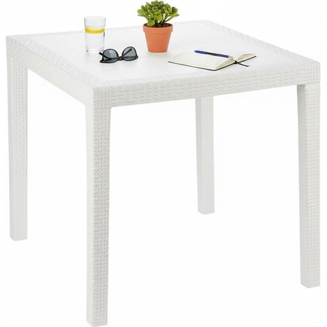 Dmora Gartentisch Agrigento, Quadratischer Gartentisch, feststehender Couchtisch in Rattan-Optik, 100 % Made in Italy, Cm 80x80h72, weiß