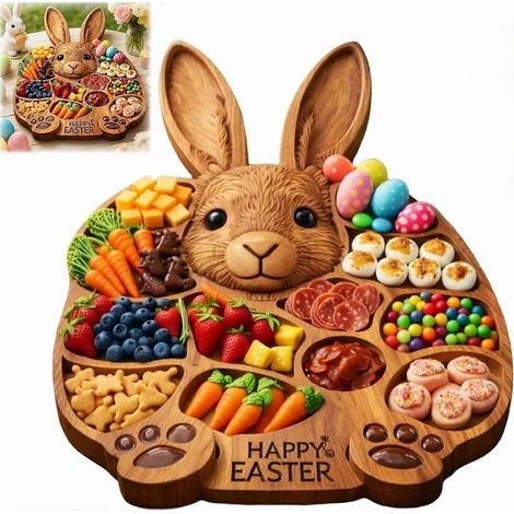 Planche à charcuterie en bois en forme de lapin de Pâques 2026, plateau de service compartimenté en forme de lapin, idéal pour décorer un centre de table pendant les fêtes de Pâques. (1/5)
