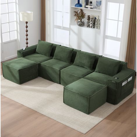 Canapé modulable 4 places 330x162x75 cm vert en velours côtelé avec 2 poufs, porte-gobelets et poches (1/5)