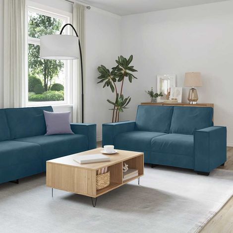 2-tlg. Sofagarnitur mit Kissen Blau Samt (1/5)