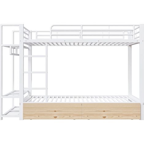 Litera de metal blanca 90 x 200 cm con LED, 2 cajones y almacenaje (1/5)