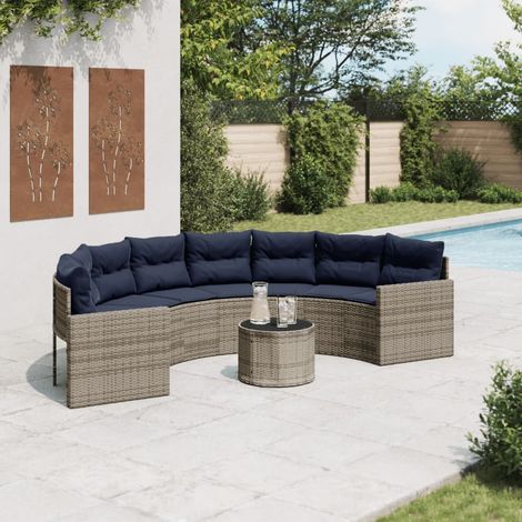 vidaXL Canapé de jardin et table et coussins demi-rond gris poly rotin (1/5)