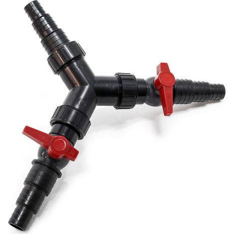 Y-Verteiler 25/32/38mm (1 / 1 1/4 / 1 1/2) mit Stufentüllen und 2x Absperrhahn zur Mengenregulierung für Teichpumpen und Wasserläufe (1/3)