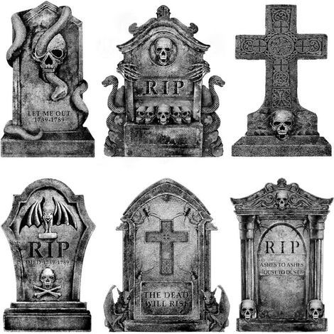 Decorazioni di Halloween per cimitero all'aperto: 6 grandi lapidi decorate a tema Halloween con paletti di legno, alte 25 cm, lapidi realistiche a forma di scheletro fantasma RIP (1/5)