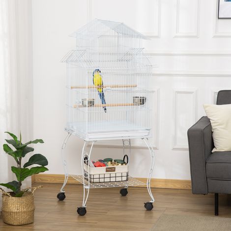 Cage à oiseaux à roulettes, grande cage avec support et étagère pour calopsitte, perruche ondulée, perruche soleil, 50 x 49 x 137 cm, blanche (1/5)