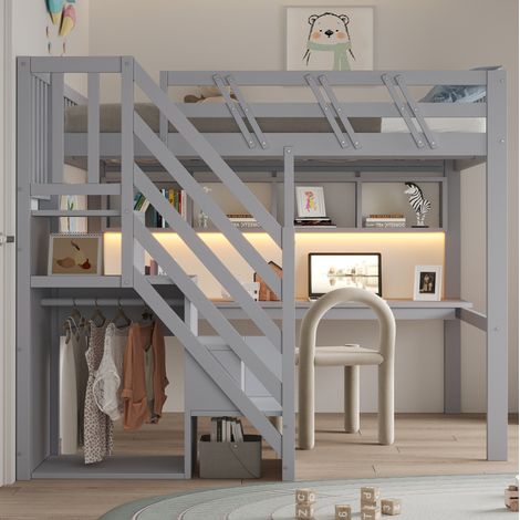 Hochbett 140x200 cm grau mit Schreibtisch, Stauraumtreppe und LED OKWISH (1/5)