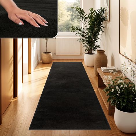 Tapis Salon Moelleux Ultra Doux à Poils Courts - Antidérapant, Lavable, Confort Idéal pour Salon et Chambre, Dimension:100x200 cm, Couleur:Noir (1/5)