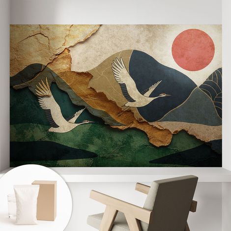 Tapete Vliestapete mit Kleber - Wandgestaltung - Tapete Wohnzimmer - Flur Eingangsbereich Kraniche im Osten 104x70 cm